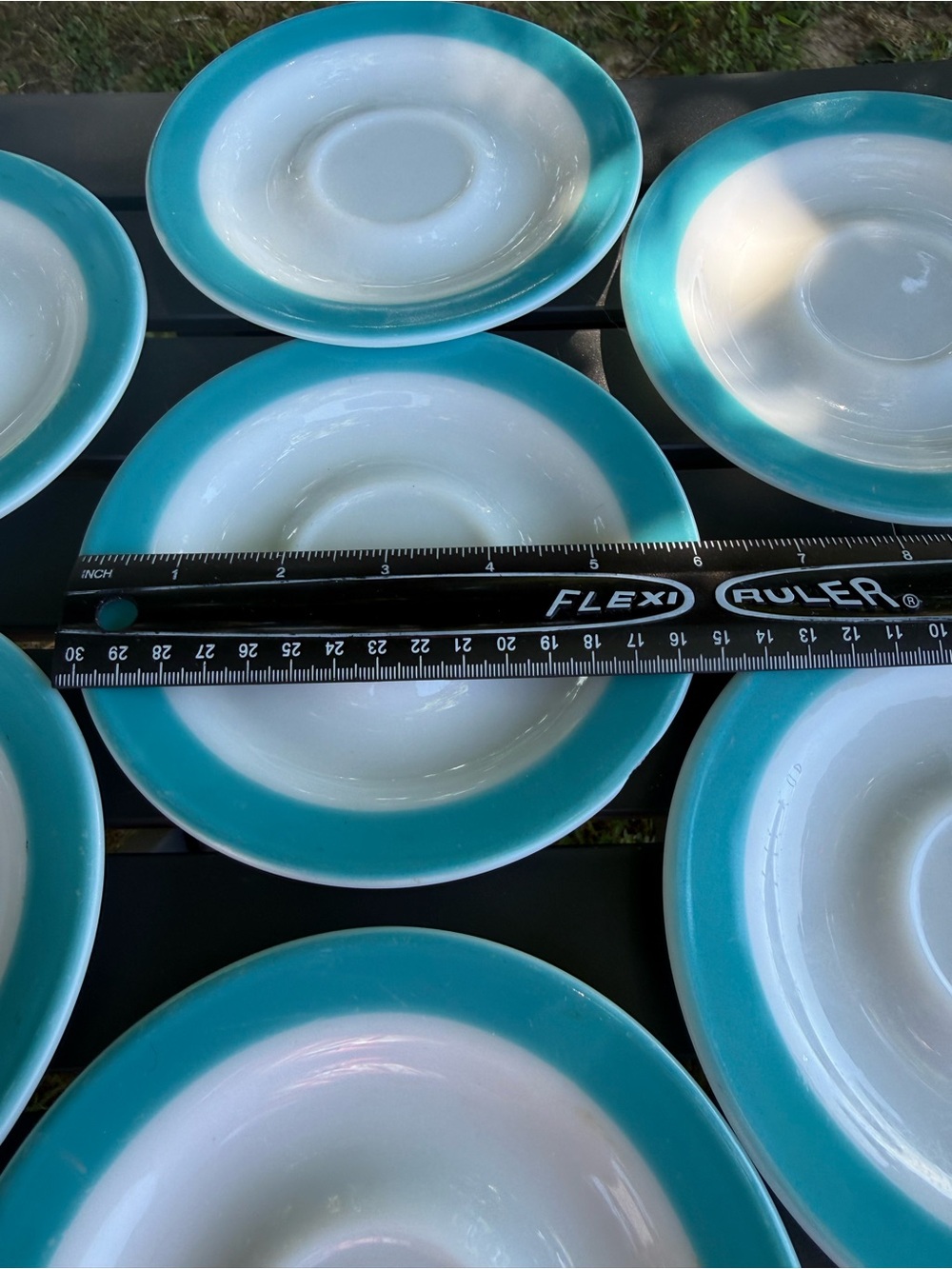 vintage Pyrex saucers from the "Turquoise Band"